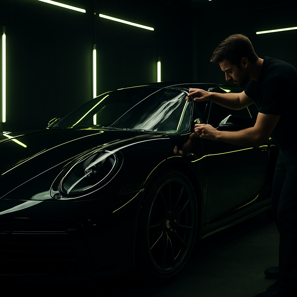 Veículo premium recebendo instalação profissional em estúdio automotivo